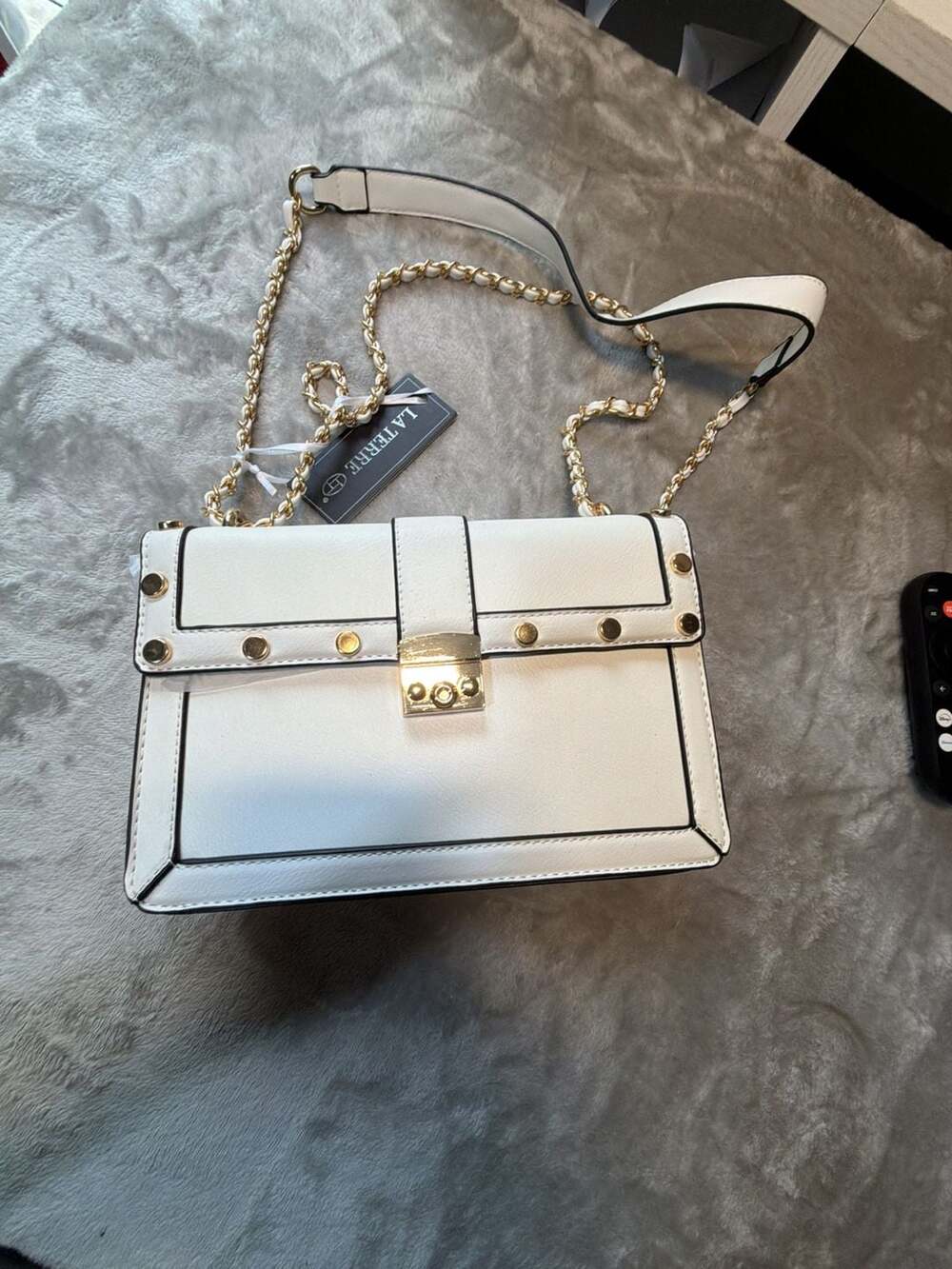 La Terre White and Gold Rivet Flap Shoulder Crossbody Bag